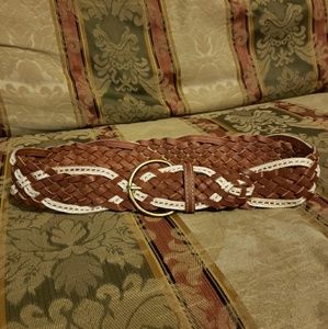 Woven vegan leather and lace belt w/ large buckle